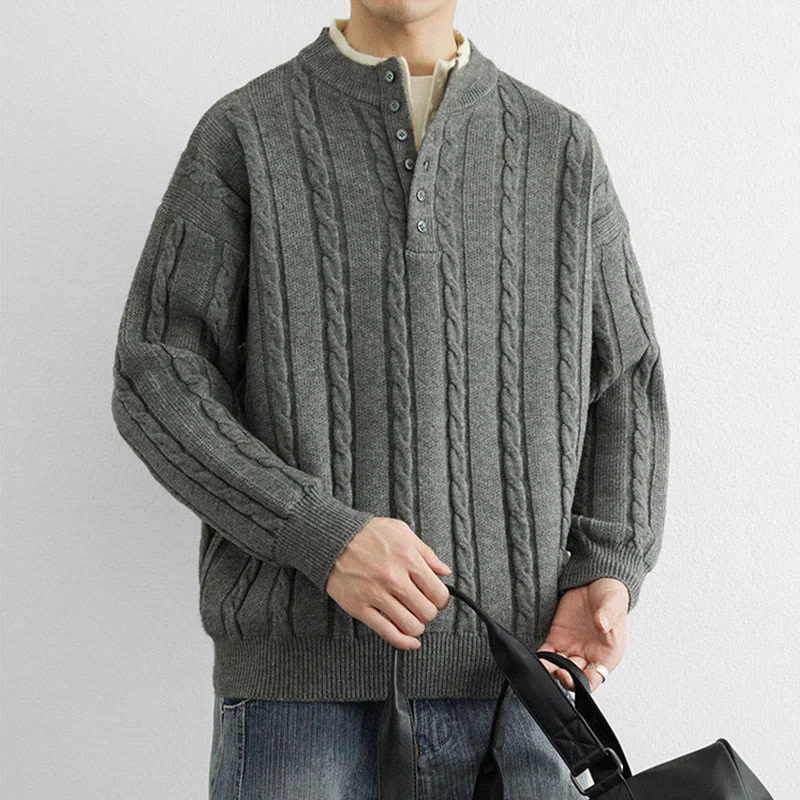 Maglione lavorato a maglia a maniche lunghe da uomo, caldo, invernale, con scollo a V, bottoni intrecciati, motivo Buddha Stones - Image 10