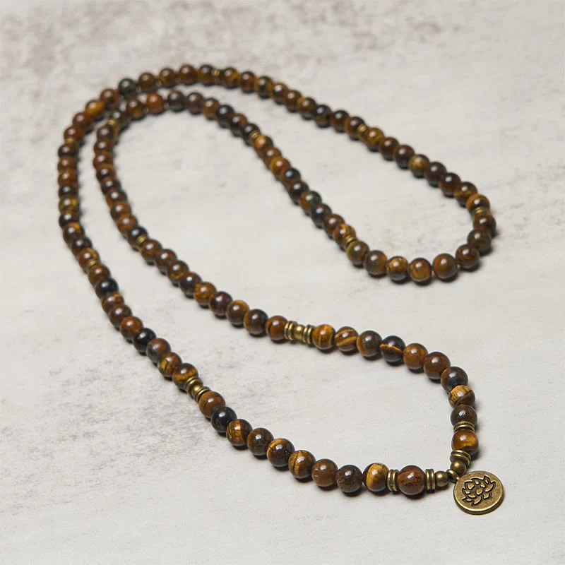 Mala con perline di occhio di tigre, simbolo di loto Buddha Stones - Image 3