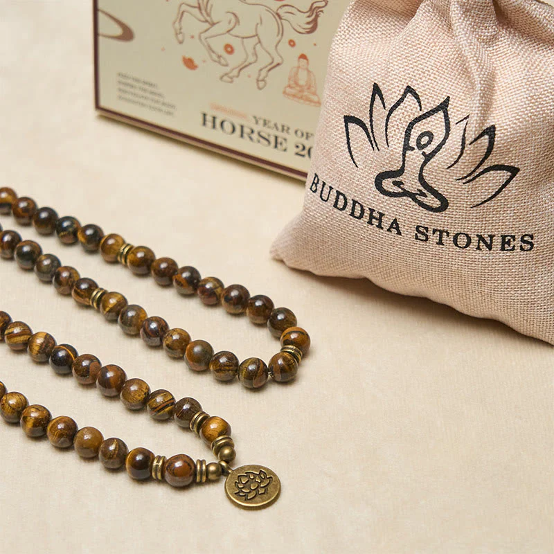Mala con perline di occhio di tigre, simbolo di loto Buddha Stones - Image 6