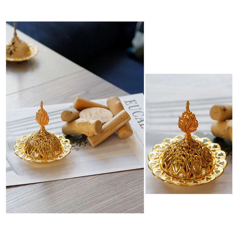 Mini bruciatore di incenso curativo in lega d'oro con sottobicchiere in legno, decorazione per la casa - Image 10