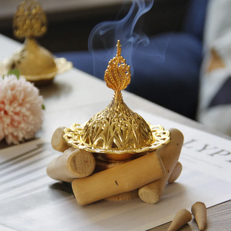 Mini bruciatore di incenso curativo in lega d'oro con sottobicchiere in legno, decorazione per la casa - Image 11
