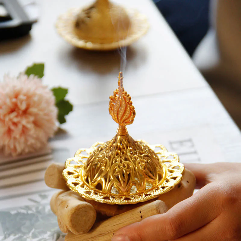 Mini bruciatore di incenso curativo in lega d'oro con sottobicchiere in legno, decorazione per la casa - Image 12