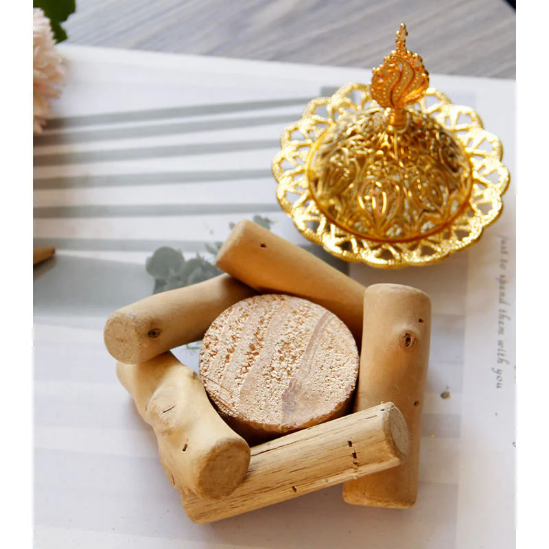 Mini bruciatore di incenso curativo in lega d'oro con sottobicchiere in legno, decorazione per la casa - Image 14
