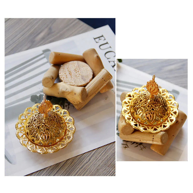 Mini bruciatore di incenso curativo in lega d'oro con sottobicchiere in legno, decorazione per la casa - Image 16
