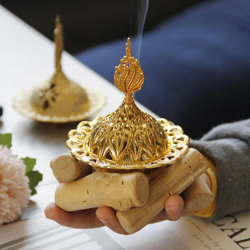 Mini bruciatore di incenso curativo in lega d'oro con sottobicchiere in legno, decorazione per la casa - Image 5