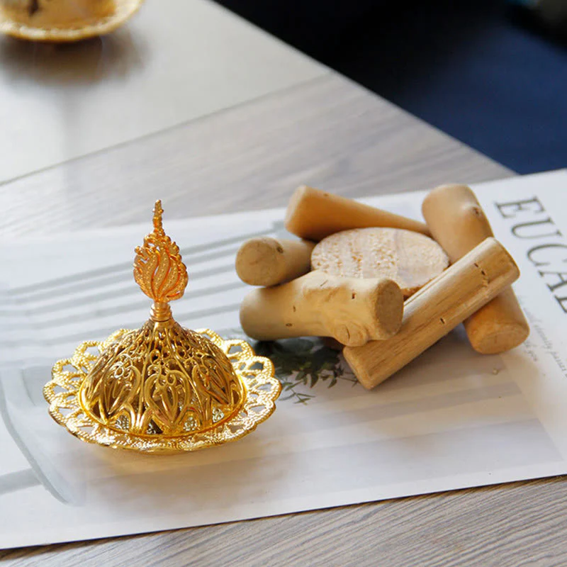 Mini bruciatore di incenso curativo in lega d'oro con sottobicchiere in legno, decorazione per la casa - Image 6