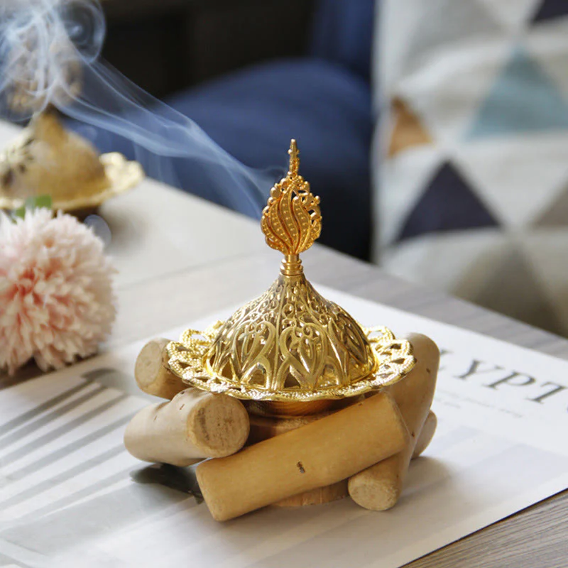 Mini bruciatore di incenso curativo in lega d'oro con sottobicchiere in legno, decorazione per la casa - Image 8