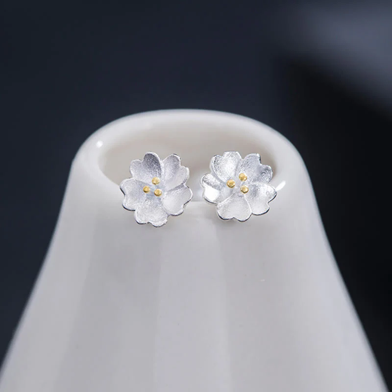 Orecchini a bottone Buddha Stones in argento sterling 925 con fiori di ciliegio e motivo floreale calmo - Image 6