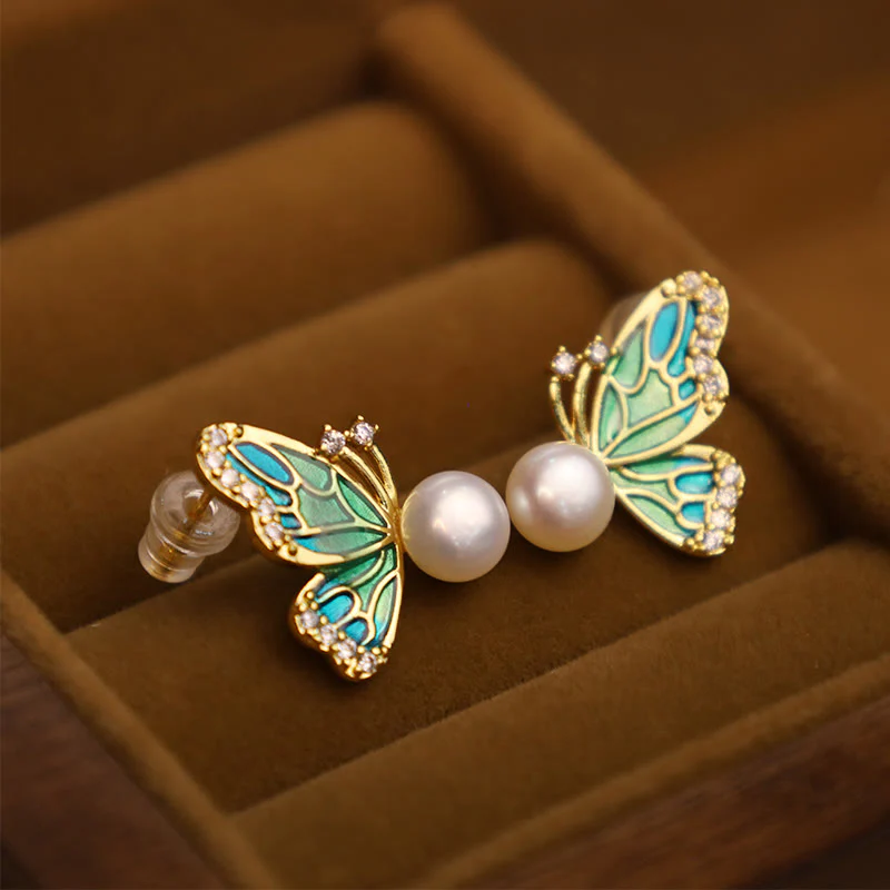 Orecchini a bottone con perle naturali in rame placcato oro 18K, Buddha Stones, argento sterling 925, guarigione a farfalla - Image 2