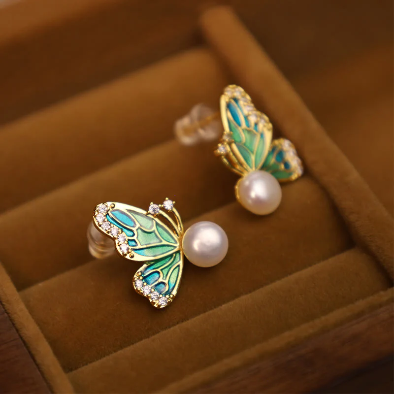 Orecchini a bottone con perle naturali in rame placcato oro 18K, Buddha Stones, argento sterling 925, guarigione a farfalla - Image 4