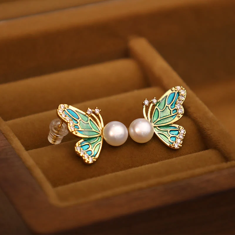 Orecchini a bottone con perle naturali in rame placcato oro 18K, Buddha Stones, argento sterling 925, guarigione a farfalla - Image 5