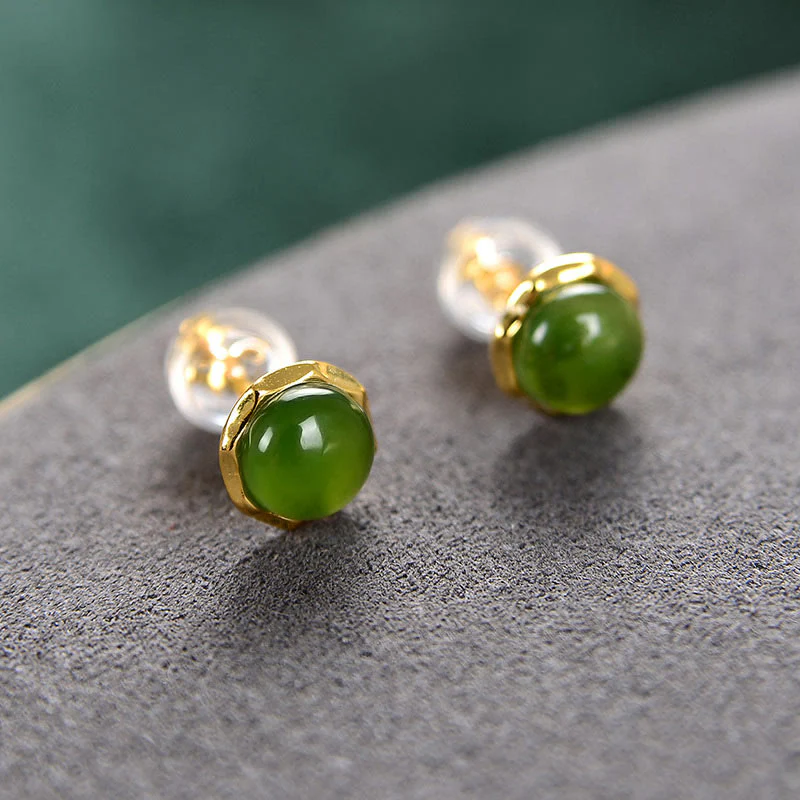 Orecchini a bottone con perline di giada ciano naturale Hetian in argento sterling 925 placcato oro Buddha Stones - Image 2