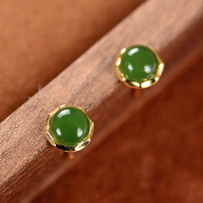 Orecchini a bottone con perline di giada ciano naturale Hetian in argento sterling 925 placcato oro Buddha Stones - Image 3