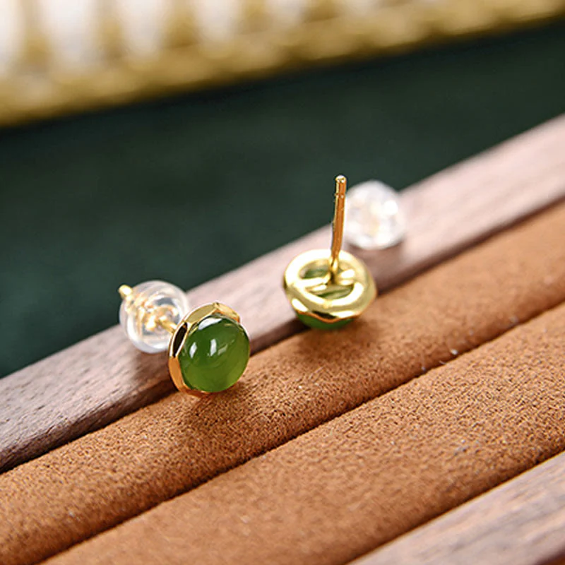 Orecchini a bottone con perline di giada ciano naturale Hetian in argento sterling 925 placcato oro Buddha Stones - Image 4