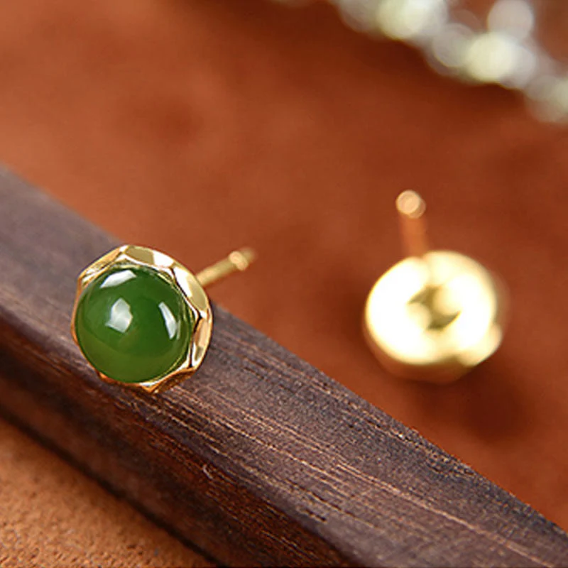 Orecchini a bottone con perline di giada ciano naturale Hetian in argento sterling 925 placcato oro Buddha Stones - Image 5