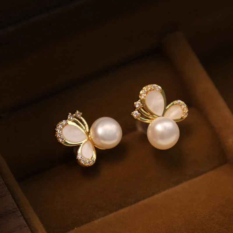 Orecchini a bottone curativi con perle naturali in rame placcato oro 18K, Buddha Stones, argento sterling 925, farfalla e zircone
