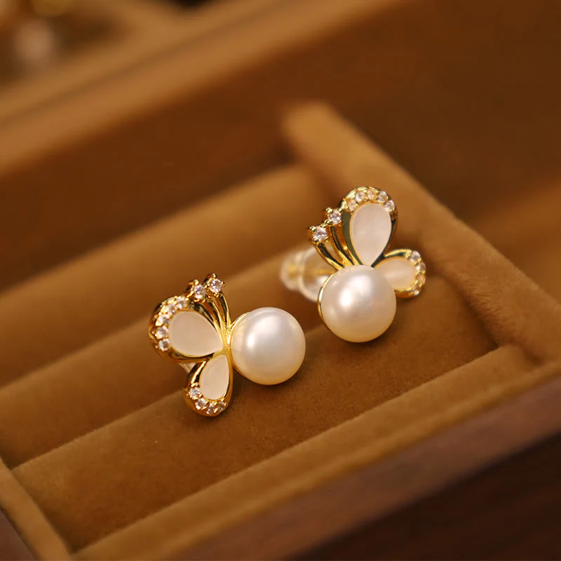 Orecchini a bottone curativi con perle naturali in rame placcato oro 18K, Buddha Stones, argento sterling 925, farfalla e zircone - Image 2