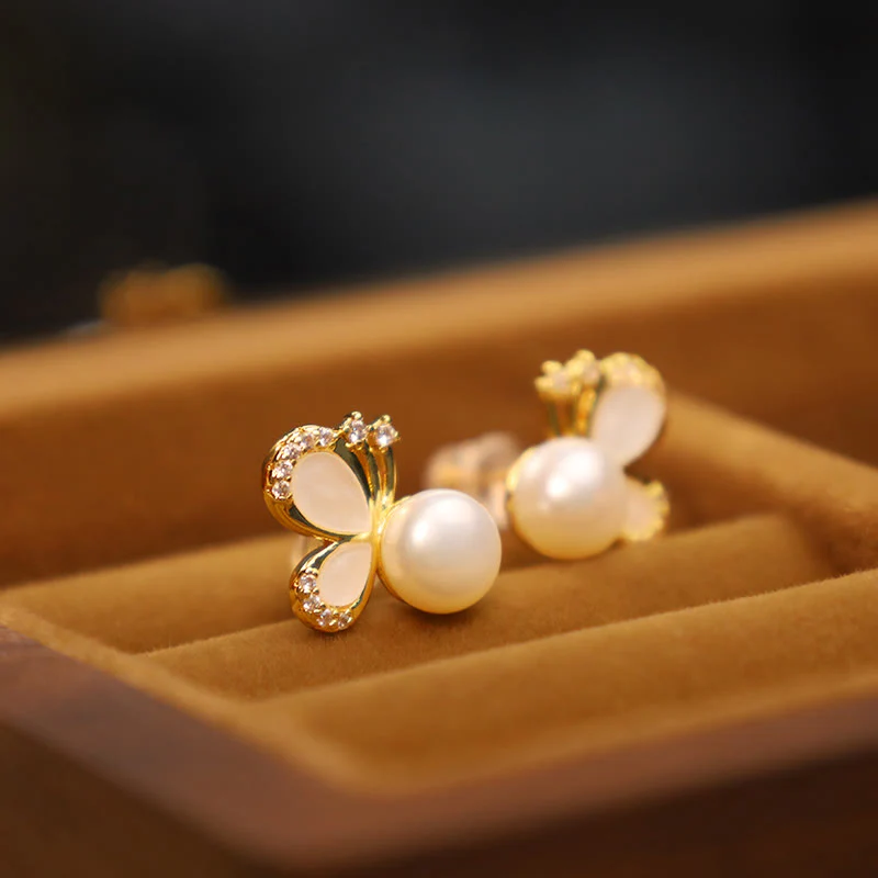 Orecchini a bottone curativi con perle naturali in rame placcato oro 18K, Buddha Stones, argento sterling 925, farfalla e zircone - Image 3