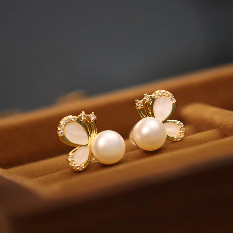 Orecchini a bottone curativi con perle naturali in rame placcato oro 18K, Buddha Stones, argento sterling 925, farfalla e zircone - Image 4