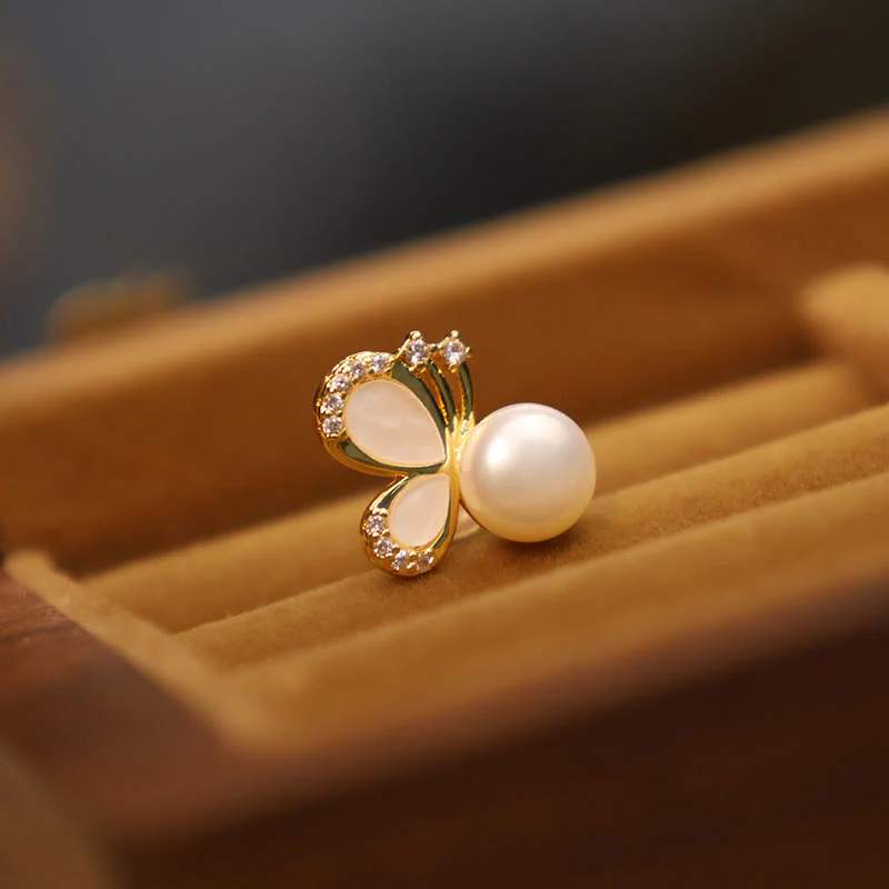 Orecchini a bottone curativi con perle naturali in rame placcato oro 18K, Buddha Stones, argento sterling 925, farfalla e zircone - Image 5