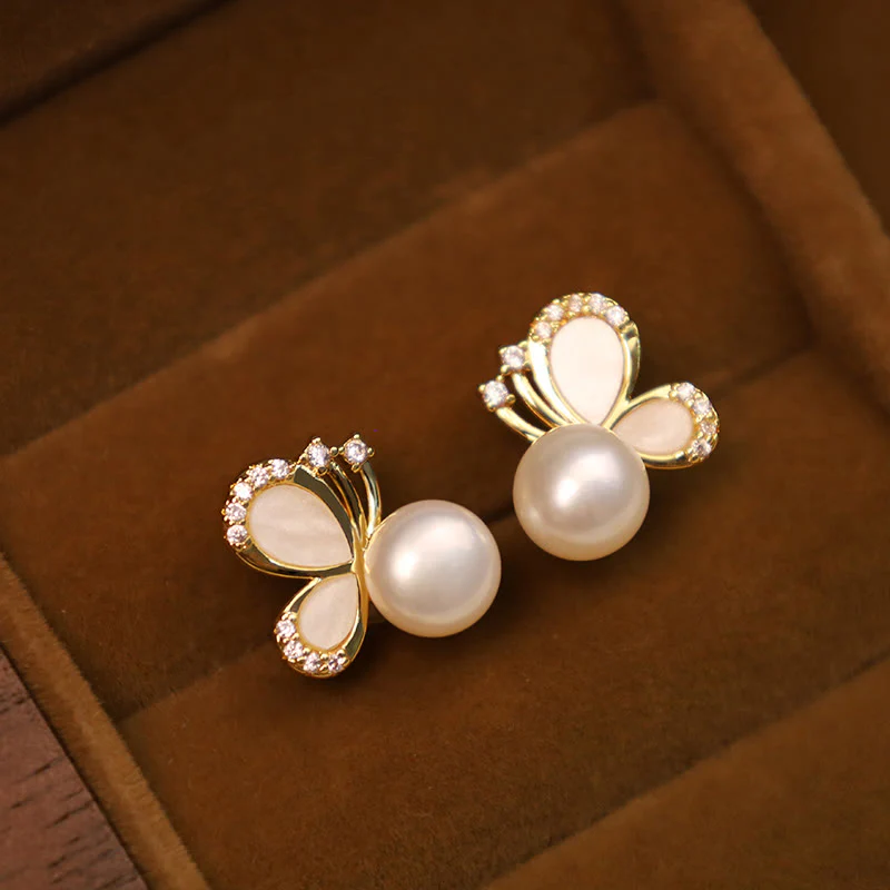 Orecchini a bottone curativi con perle naturali in rame placcato oro 18K, Buddha Stones, argento sterling 925, farfalla e zircone - Image 6
