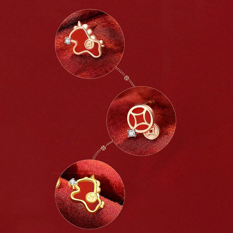 Orecchini asimmetrici con protezione dell'anno del cavallo, in argento sterling 925 con moneta in agata rossa e Buddha Stones - Image 10