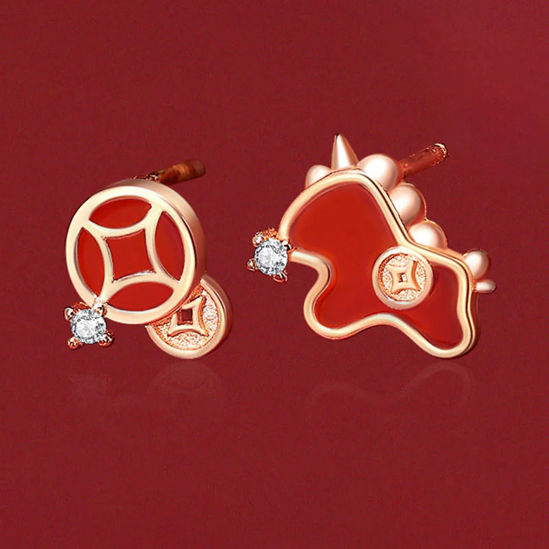 Orecchini asimmetrici con protezione dell'anno del cavallo, in argento sterling 925 con moneta in agata rossa e Buddha Stones - Image 3