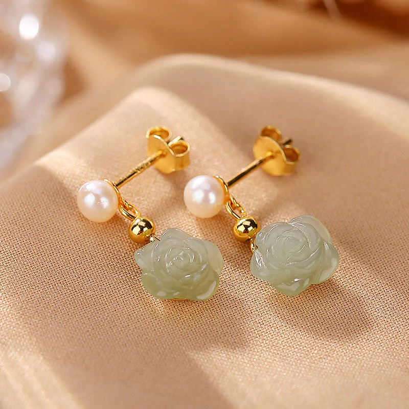Orecchini Buddha Stones 925 Sterling Silver Placcato Oro Giada Rosa Fiore Ciano Giada Perla Fortuna - Image 12