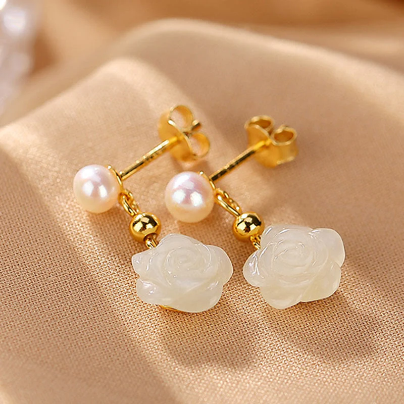 Orecchini Buddha Stones 925 Sterling Silver Placcato Oro Giada Rosa Fiore Ciano Giada Perla Fortuna - Image 5