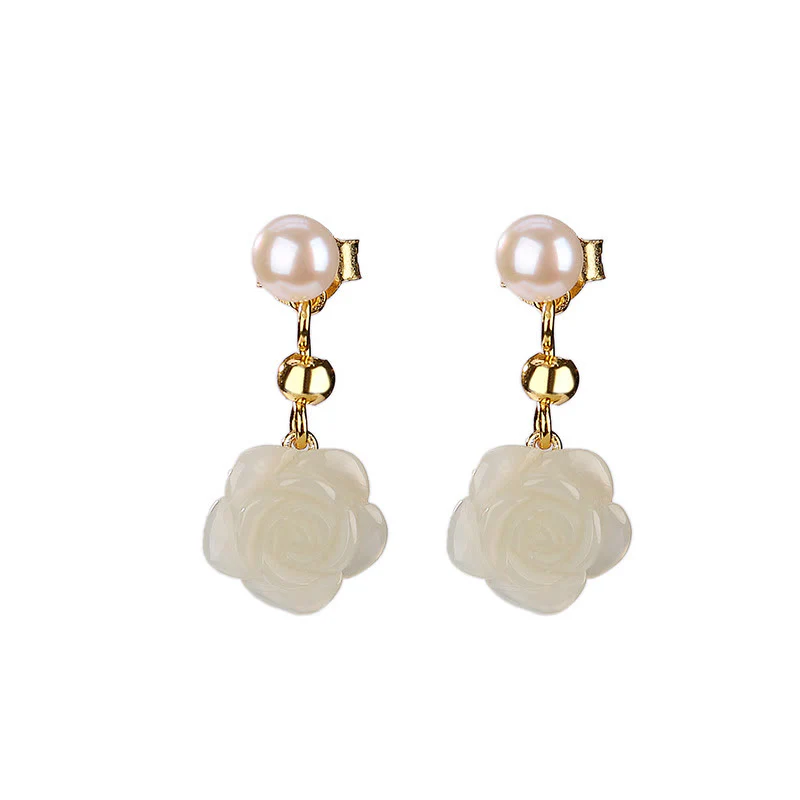Orecchini Buddha Stones 925 Sterling Silver Placcato Oro Giada Rosa Fiore Ciano Giada Perla Fortuna - Image 9