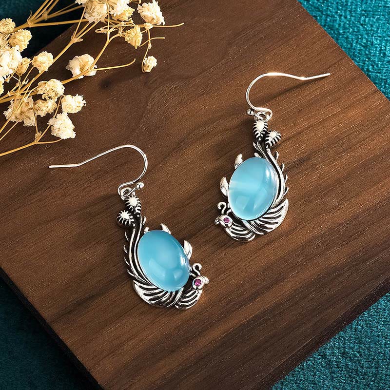 Orecchini Buddha Stones 925 Sterling Silver Post Calcedonio Blu Koi Fish Balance Vitality - Image 2