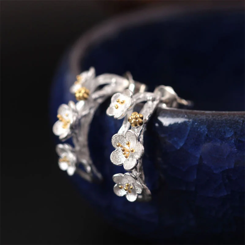 Orecchini Buddha Stones in argento sterling 925 con fiori di prugna e benedizione floreale - Image 3