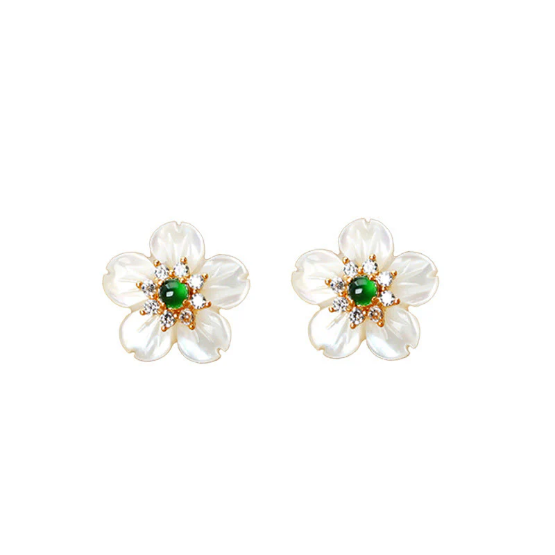 Orecchini Buddha Stones in argento sterling 925 con pietra Tridacna e fiori di giada - Image 10
