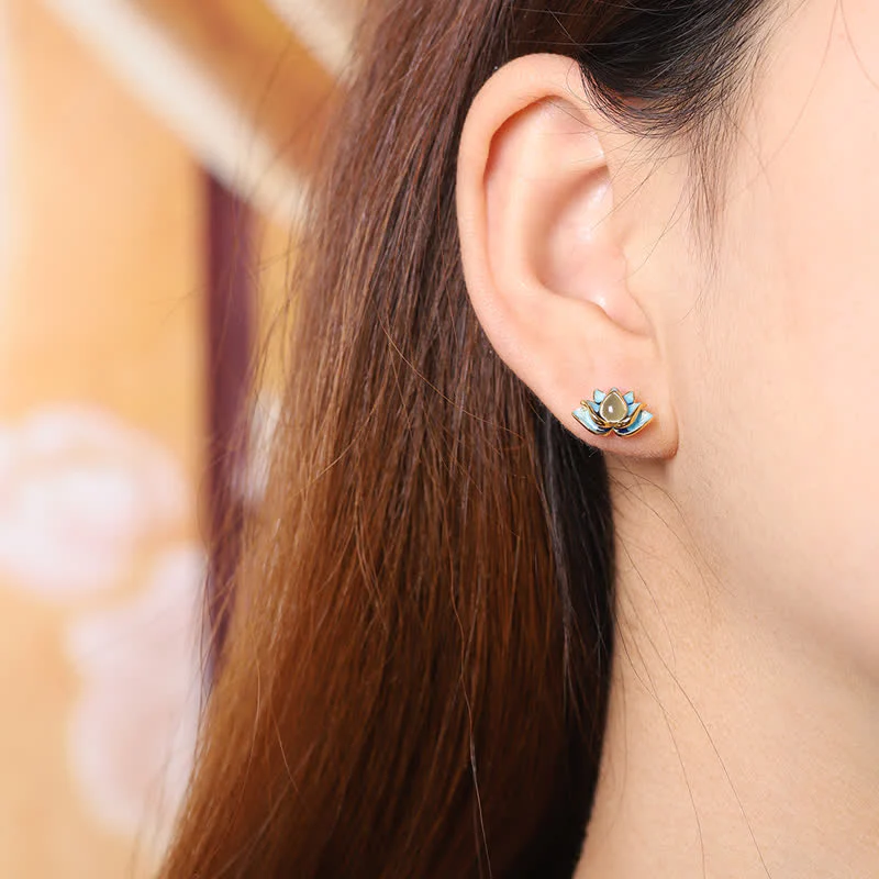 Orecchini di successo in argento sterling 925 con fiore di loto in giada ciano Hetian - Image 2