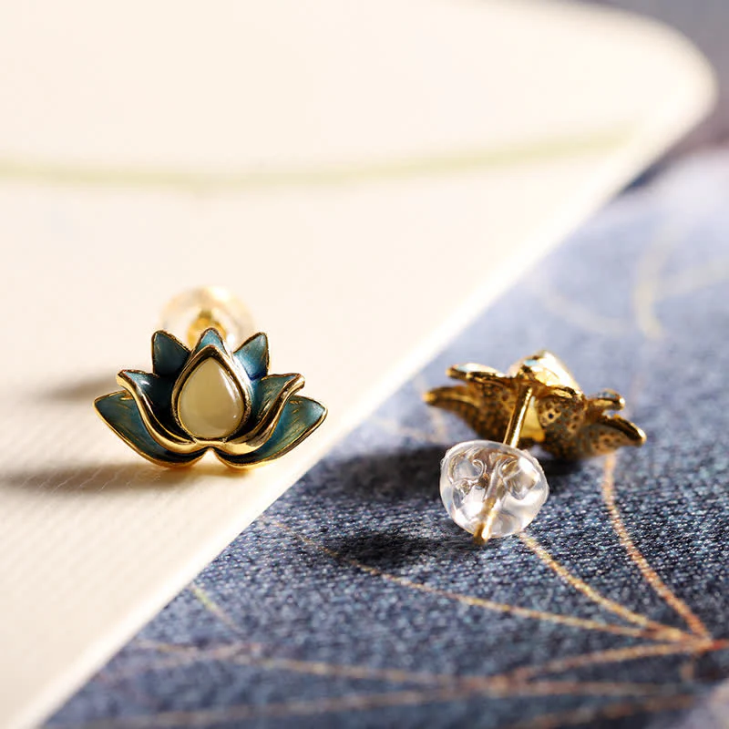 Orecchini di successo in argento sterling 925 con fiore di loto in giada ciano Hetian - Image 3
