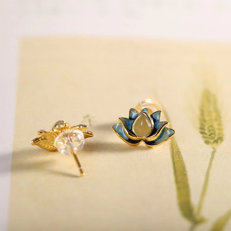 Orecchini di successo in argento sterling 925 con fiore di loto in giada ciano Hetian - Image 4