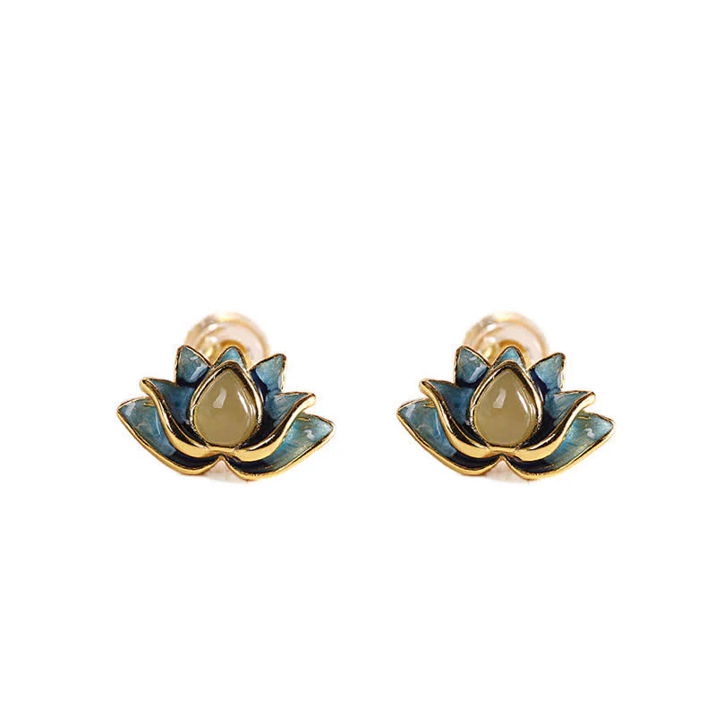 Orecchini di successo in argento sterling 925 con fiore di loto in giada ciano Hetian - Image 6