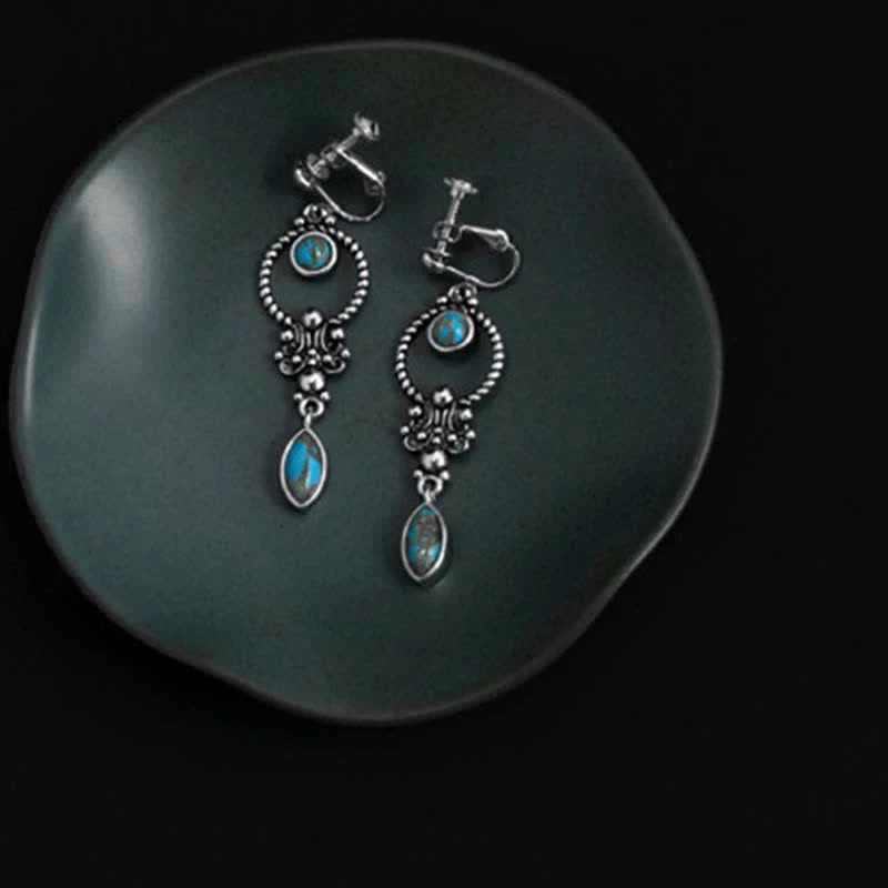 Orecchini pendenti a goccia con motivo a goccia turchese vintage in argento sterling 925 Buddha Stones - Image 12