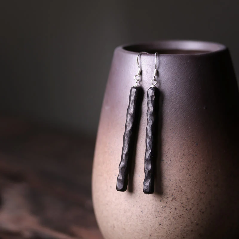 Orecchini pendenti Buddha Stones 925 Sterling Silver Ebony Wood Texture Balance Peace Drop - Image 9