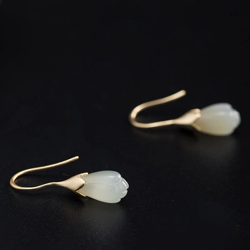 Orecchini pendenti Buddha Stones in argento sterling 925 con giada Hetian e magnolia - Image 4