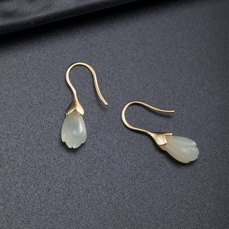Orecchini pendenti Buddha Stones in argento sterling 925 con giada Hetian e magnolia - Image 5