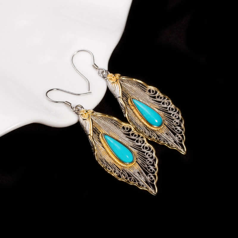 Orecchini pendenti con motivo a foglia di Bodhi in argento sterling 925 con Buddha Stones e turchese - Image 10