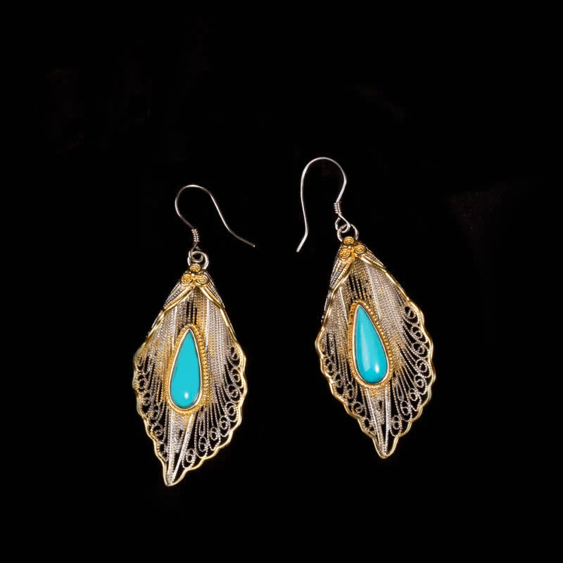 Orecchini pendenti con motivo a foglia di Bodhi in argento sterling 925 con Buddha Stones e turchese - Image 11