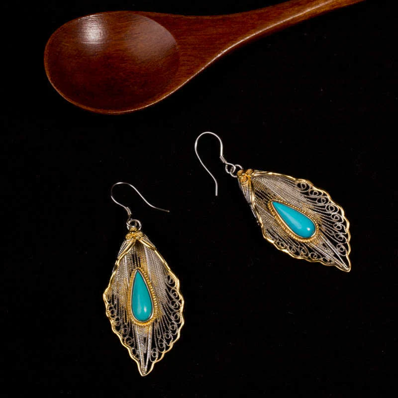 Orecchini pendenti con motivo a foglia di Bodhi in argento sterling 925 con Buddha Stones e turchese - Image 12