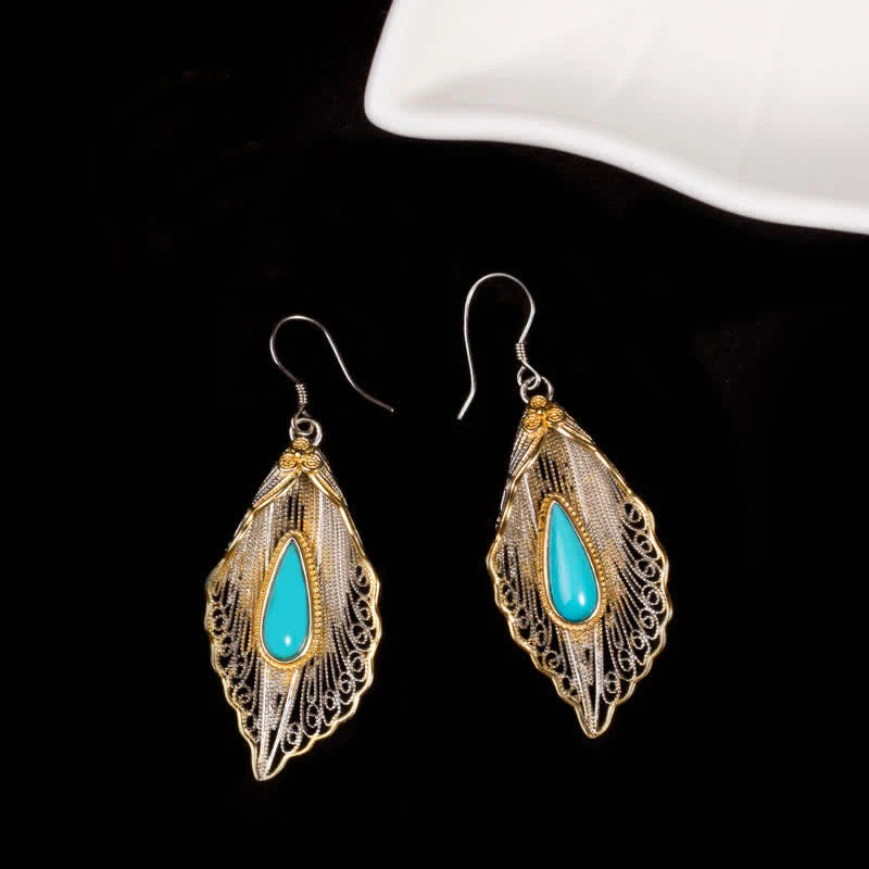 Orecchini pendenti con motivo a foglia di Bodhi in argento sterling 925 con Buddha Stones e turchese - Image 13