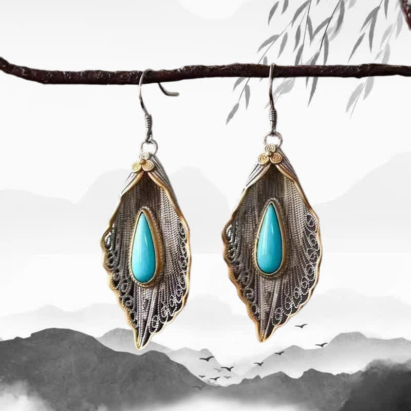 Orecchini pendenti con motivo a foglia di Bodhi in argento sterling 925 con Buddha Stones e turchese - Image 14