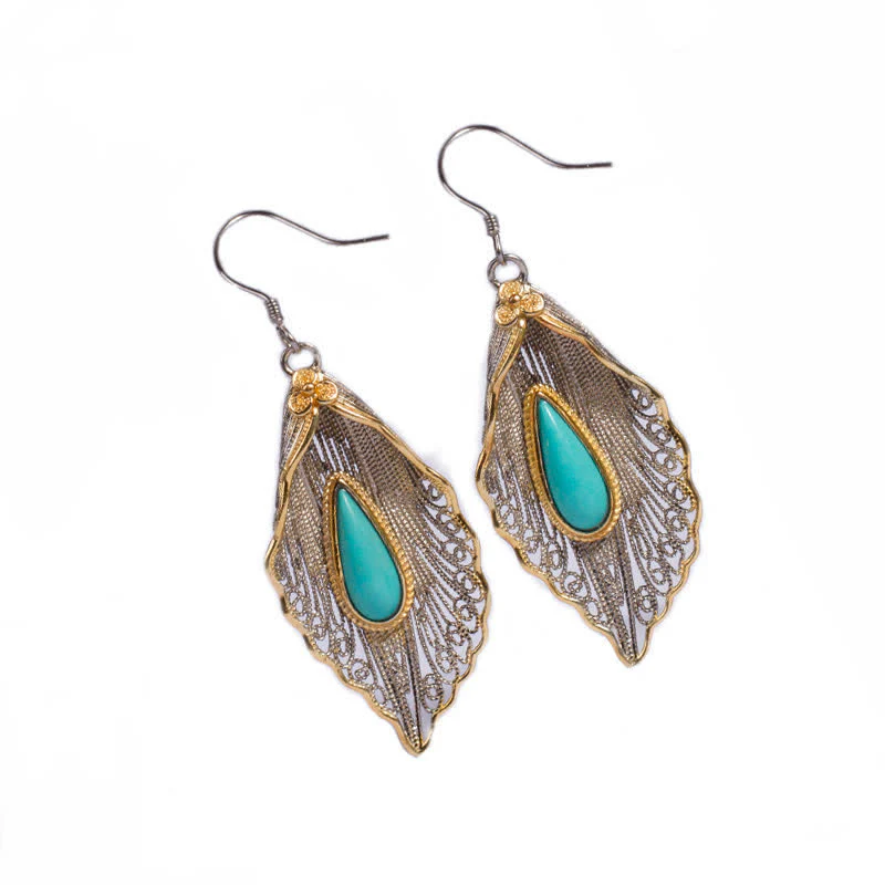 Orecchini pendenti con motivo a foglia di Bodhi in argento sterling 925 con Buddha Stones e turchese - Image 16