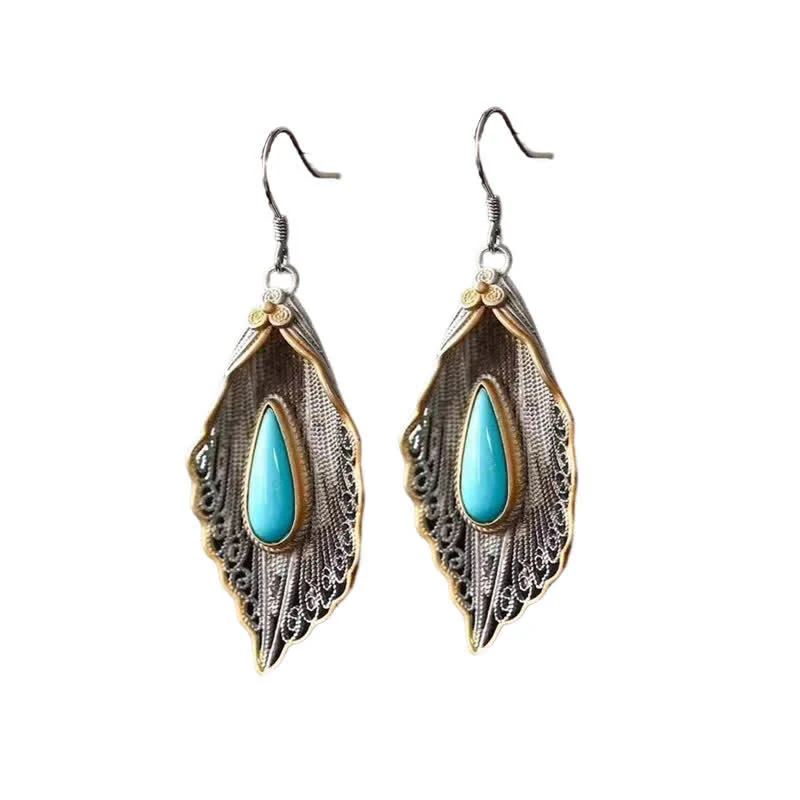 Orecchini pendenti con motivo a foglia di Bodhi in argento sterling 925 con Buddha Stones e turchese - Image 17