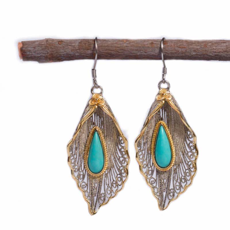 Orecchini pendenti con motivo a foglia di Bodhi in argento sterling 925 con Buddha Stones e turchese - Image 18