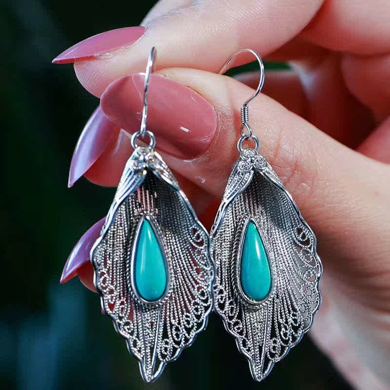Orecchini pendenti con motivo a foglia di Bodhi in argento sterling 925 con Buddha Stones e turchese - Image 19